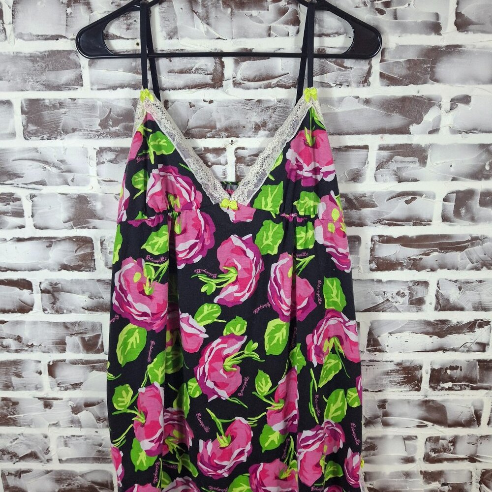 Betsey Johnson Betseyville XL Nightie Cami Slip Nightgown Black Pink Roses